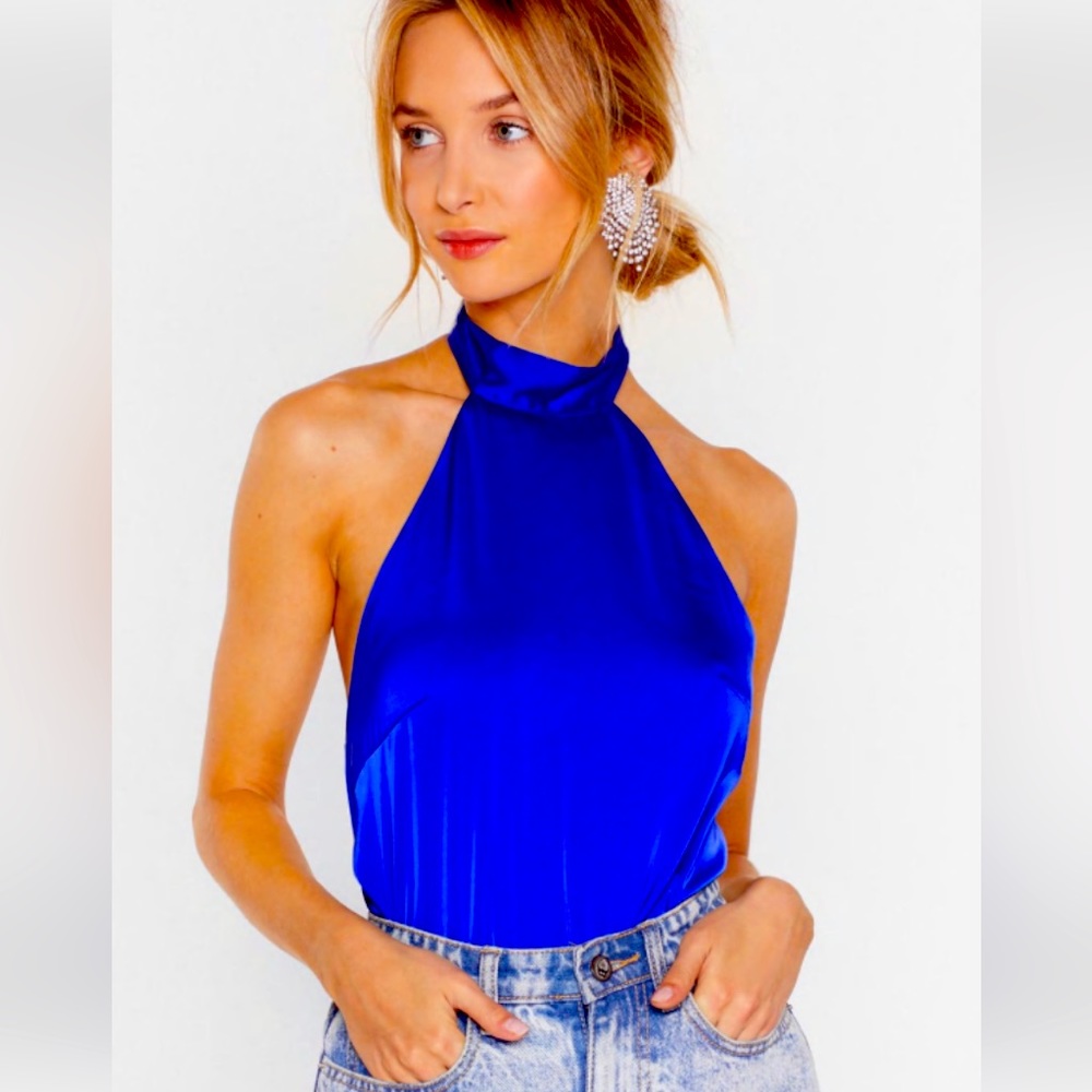 Nasty Gal | Top | Sleek in’ Out Satin Halter Top | Cobalt Blue | Sz 8 | NWT